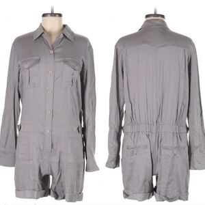 VINCE Gray Linen-Blend Long-Sleeve Romper Size  6